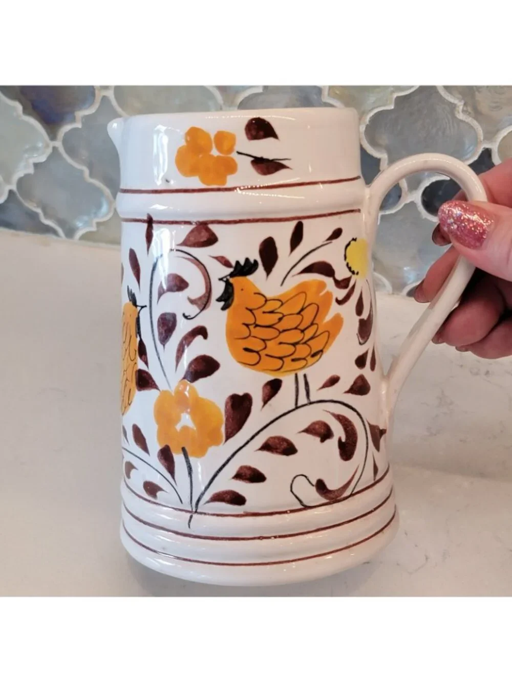 Vintage Chicken Creamer Farmhouse Cottage Core Orange Yellow Portugal Signed